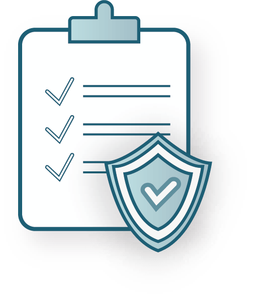 Compliance icon — checklist with shield representing regulatory requirements expressed as enforceable policy applied in production