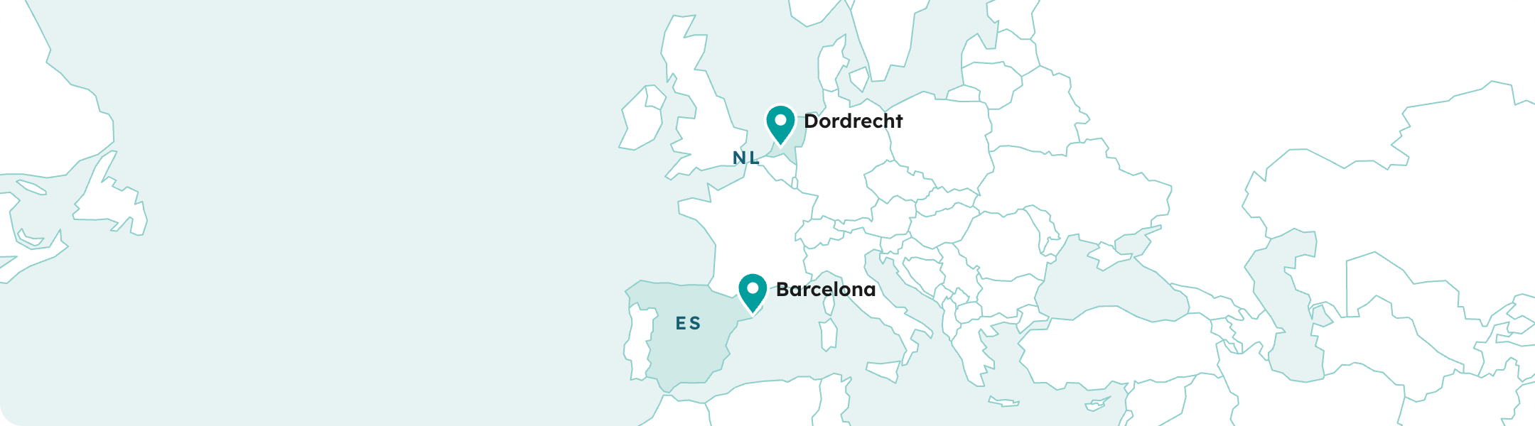 Map of Europe showing the Maicell offices in Dordrecht and Barcelona