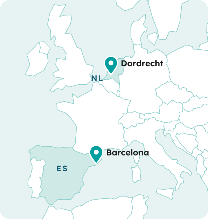 Map of Europe showing the Maicell offices in Dordrecht and Barcelona